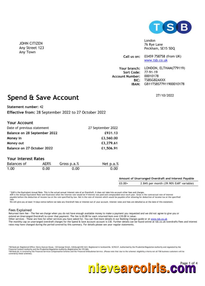 United Kingdom TBS bank statement Excel and PDF, 4 pages 1